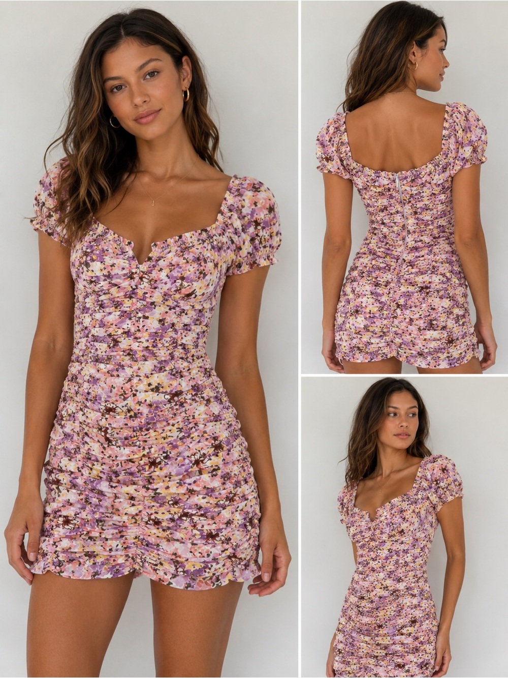 Blashe Floral Puff Sleeve Ruched Bodycon Mini Dress Cottagecore Small